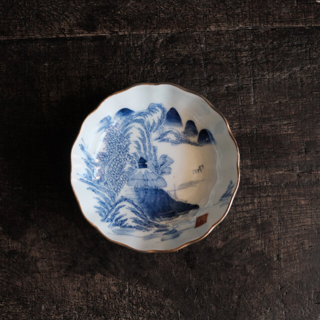 青い山水図◆線描きで素敵。伊万里　染錦金彩膾皿　深皿　骨董/antiques 明治期