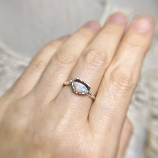 天然ボルダーオパールのハートと猫ちゃんシルバーリング☆原石から磨い