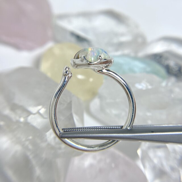 天然ボルダーオパールのハートと猫ちゃんシルバーリング☆原石から磨い