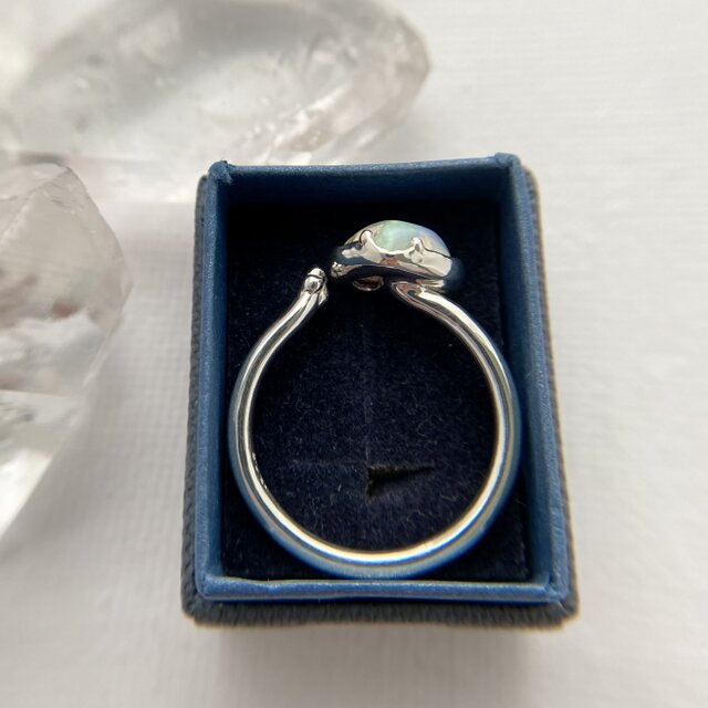 天然ボルダーオパールのハートと猫ちゃんシルバーリング☆原石から磨い