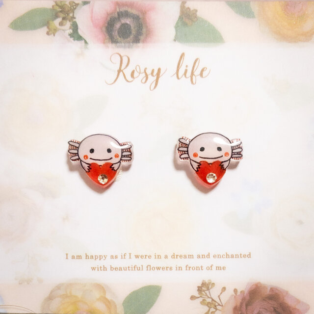 ～小さなピアスシリーズ～ウーパールーパーとハートのピアス/ノンホールピアス(樹脂イヤリング)