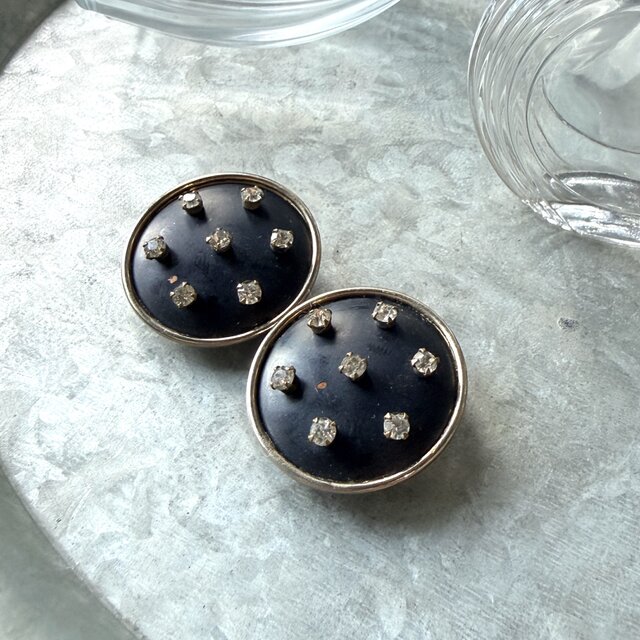 Y1206-ヴィンテージイヤリング U.S.A. 1970〜80's Clear Rhinestones Black Paint