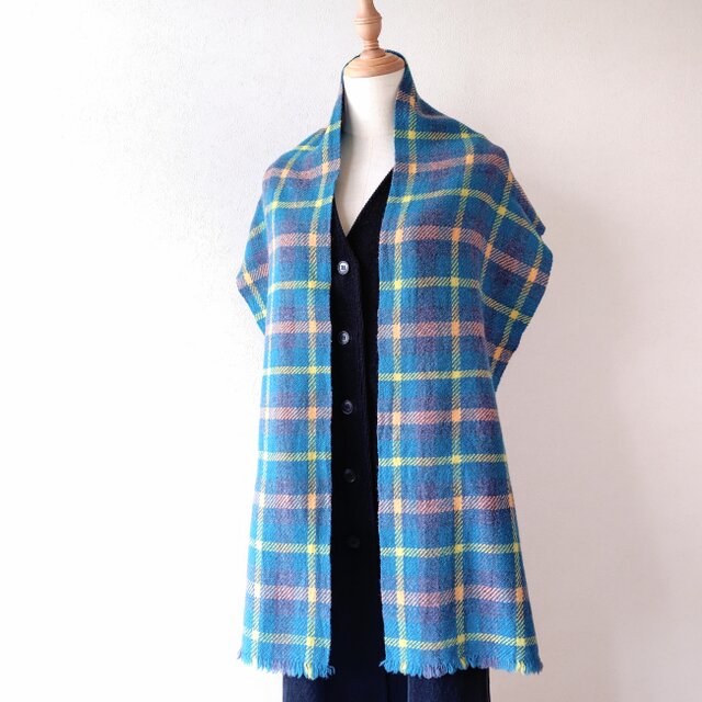 北欧手織り軽くて暖かいオリジナルチェックマフラー（ターコイズブルー