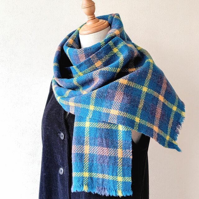 北欧手織り軽くて暖かいオリジナルチェックマフラー（ターコイズブルー