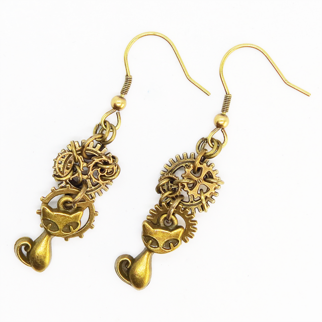 アンティークゴールド スチームパンク風 猫と複数の歯車を組み合わせたアシンメトリーピアス 非接着 スリム