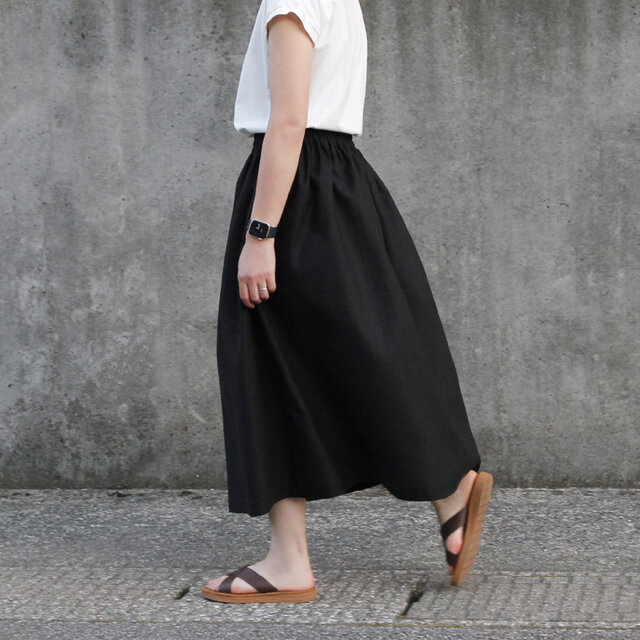 即納】麻100％ スラブリネンクロス ロングスカート（ブラック・黒