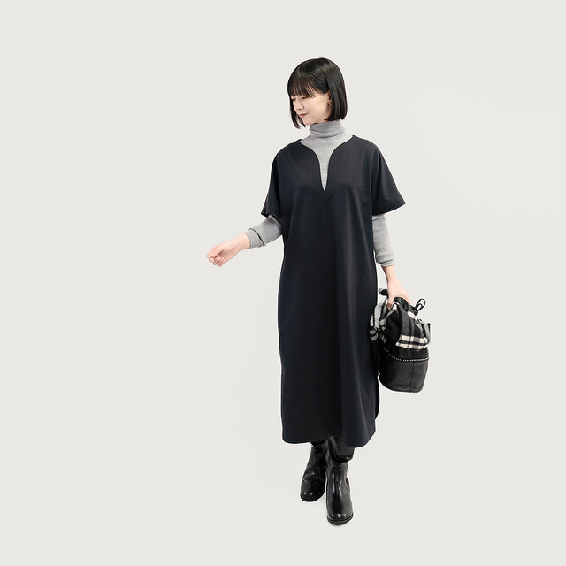 年間通して一枚で上品スタイル 上質ポンチ カフタンワンピース 黒 ●CORALIE-KAFOP●