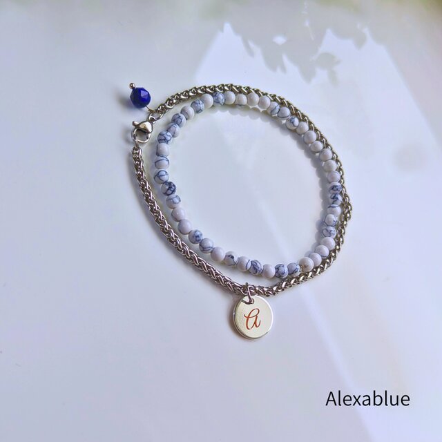Howlite Pulse Chain｜小粒ハウライト × ステンレス 2連ブレスレット 選べるイニシャルチャーム