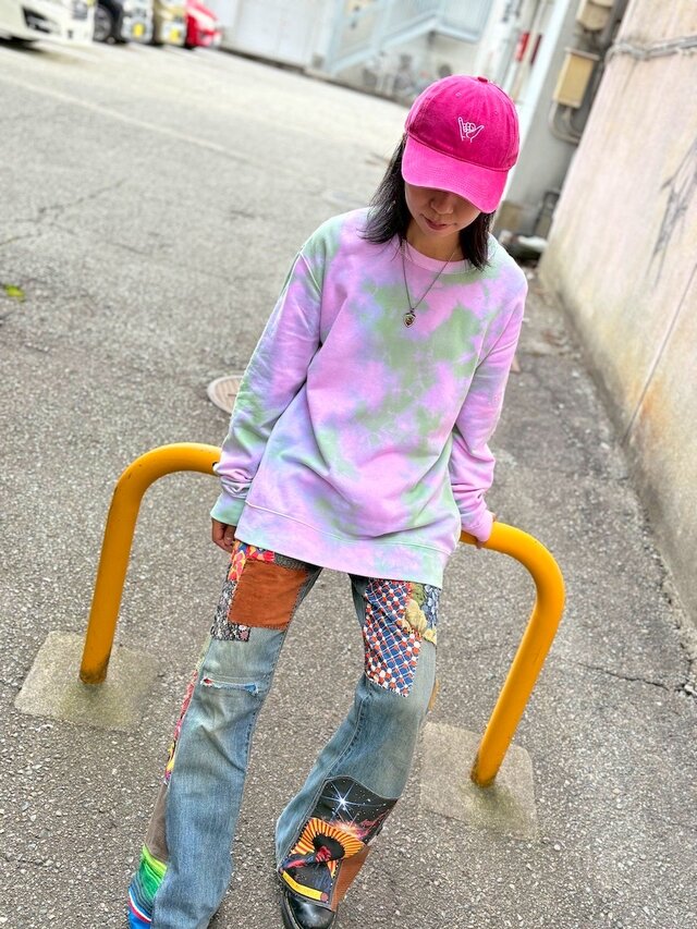 タイダイ スウェット トレーナー XLサイズ ピンク×グリーン ムラ染め HD25-07