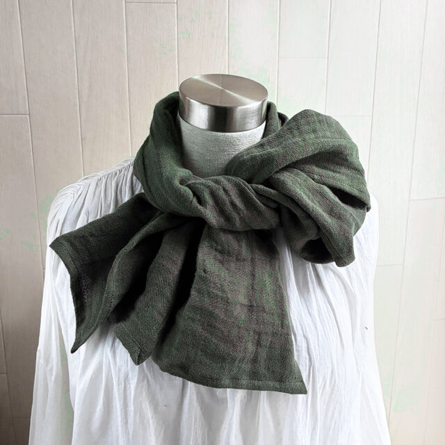 秋冬 ふっくらリネンの手ぬぐい　ミニストール　ダークオリーブグリーン　ダブルガーゼ
