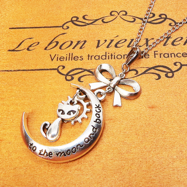 アンティークシルバー 猫と三日月の大人可愛いネックレス 大きめリボン 長さ調整可 SV925可