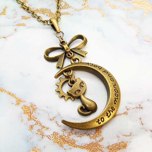 アンティークゴールド 猫と三日月と歯車・ギアのネックレス スチームパンク風 アジャスター付 長さ変更可のコピー
