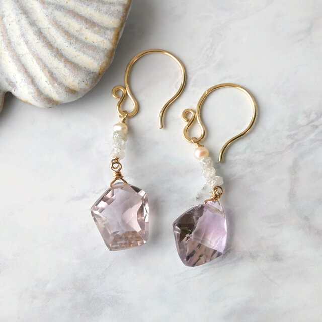 宝石質アメトリンのピアス（淡水パール・原石ダイヤ）・イヤリング変更可