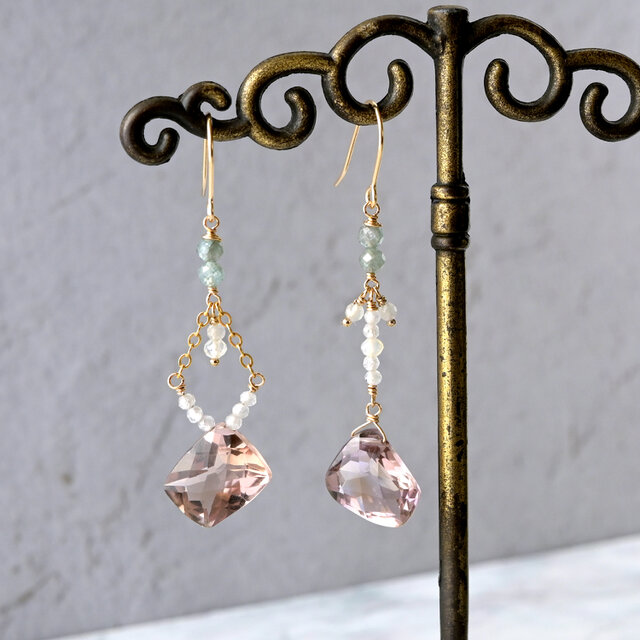 宝石質アメトリンとブルージルコンのアシンメトリーピアス・イヤリング変更可