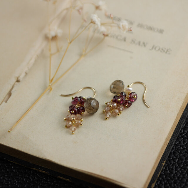 #1075 スモーキークォーツとロードライトガーネットのつぶつぶピアス