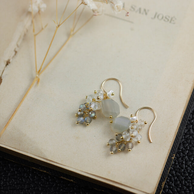 #1077 グレームーンストーンとホワイトトパーズのつぶつぶピアス