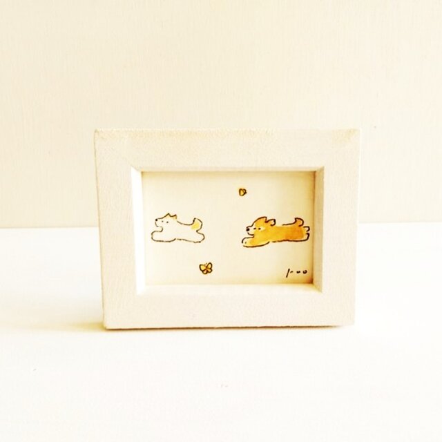 イラスト 原画 「追いかけっこ」※木製額縁入り　インテリアアート　犬のイラスト