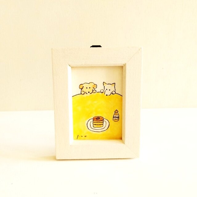 イラスト 原画 「ホットケーキ」※木製額縁入り　インテリアアート　犬のイラスト