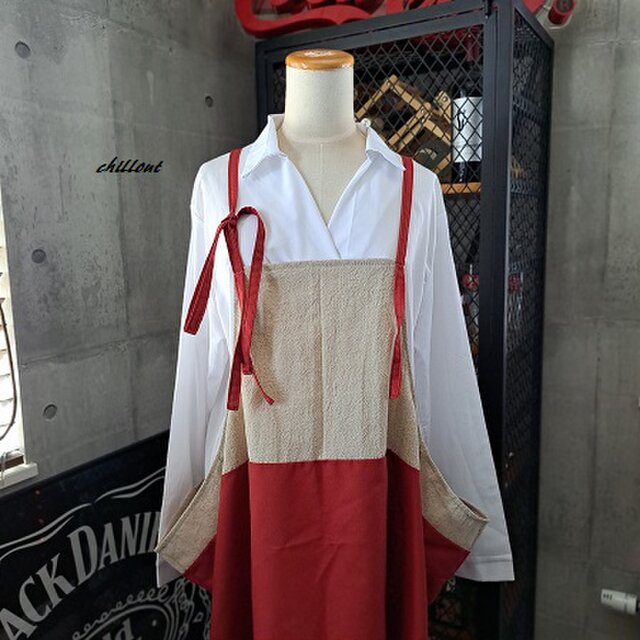 【背中がかわいい】エプロンドレス：リネン×レッド【0988】