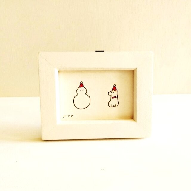 イラスト 原画 「雪だるま」※木製額縁入り　インテリアアート　犬のイラスト