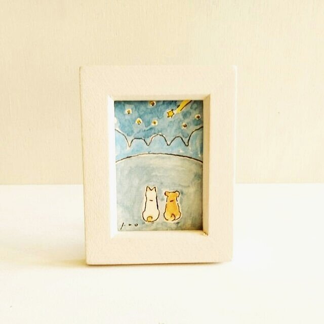 受注制作】ミニ原画「二匹の犬と流れ星」・イラスト・水彩・犬の絵