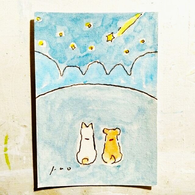 受注制作】ミニ原画「二匹の犬と流れ星」・イラスト・水彩・犬の絵