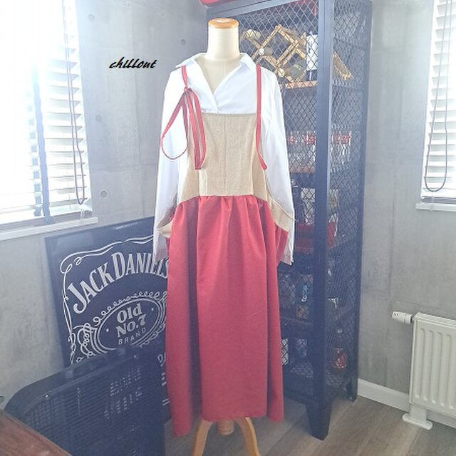 【背中がかわいい】マキシ：ギャザー：エプロンドレス：レッド×リネン【0980】