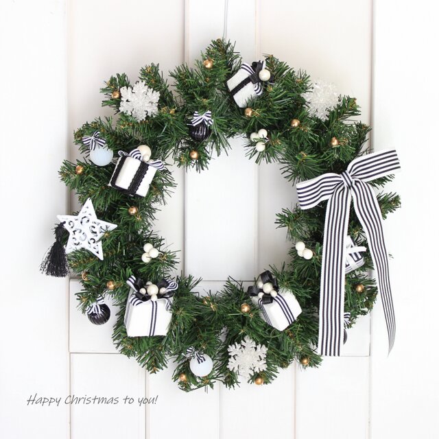 モノトーンクリスマス♪ モノトーンの贈り物 大人シックなクリスマスリース  ゴールドを添えて　R&yCH175