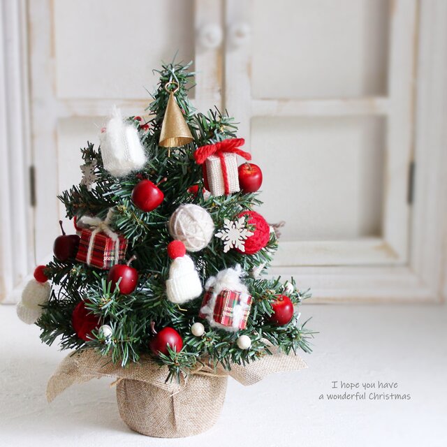 タータンチェックが可愛い＊赤い毛糸のミニツリー　クリスマス　R&yCH177