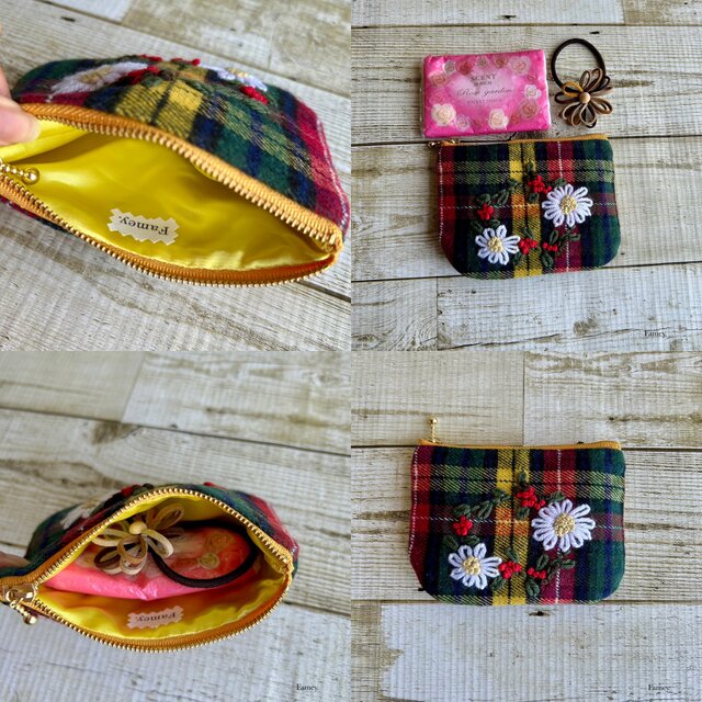 大人かわいい手刺繍お花×タータンチェックのフラットポーチ(ポケット 