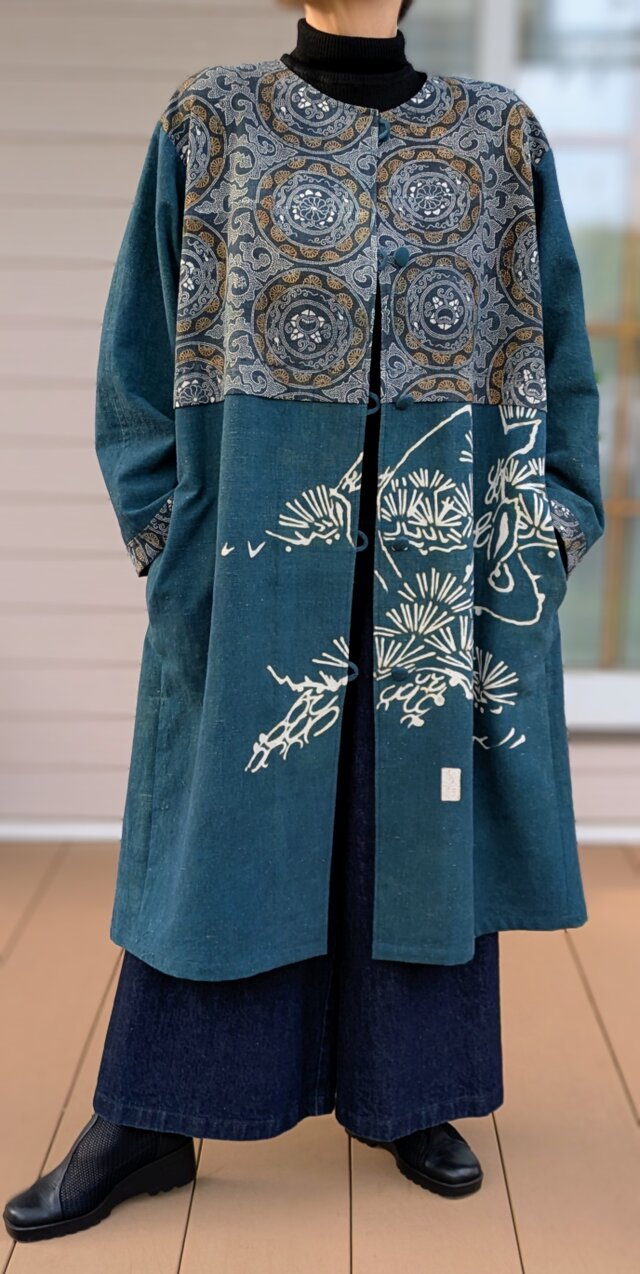 古布リメイク 家紋緑藍染＋型染一重コート 藍染 型染 刺し子 時々堂