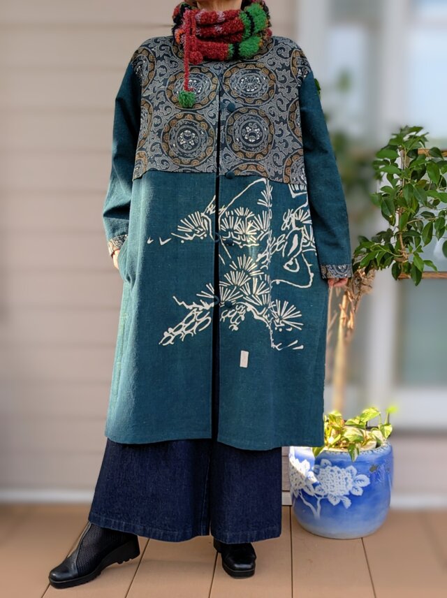 家紋 ロングジレ 大正 アンティーク 大幕 書生絣 藍染 古布リメイク