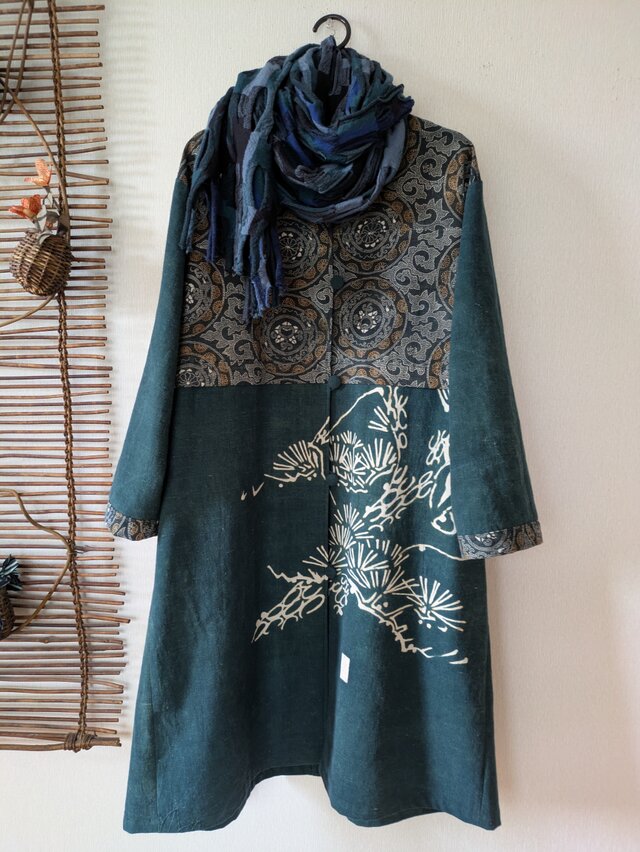 古布リメイク 家紋緑藍染＋型染一重コート 藍染 型染 刺し子 時々堂