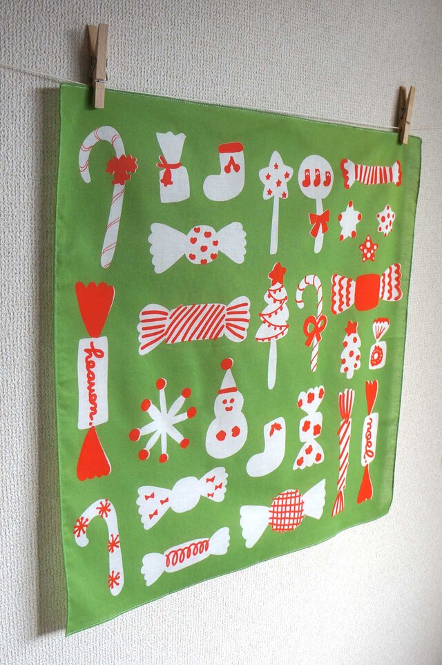 christmas candy（green）」大判ハンカチ／バンダナ／ファブリック