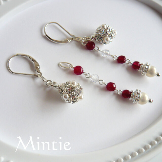 一点ものSV925ピアス2way★ガーネットとパールとパヴェ