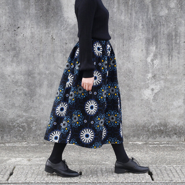 【受注制作】アフリカ布のギャザースカート（ アラベスク ）アフリカンプリント アフリカンファブリック