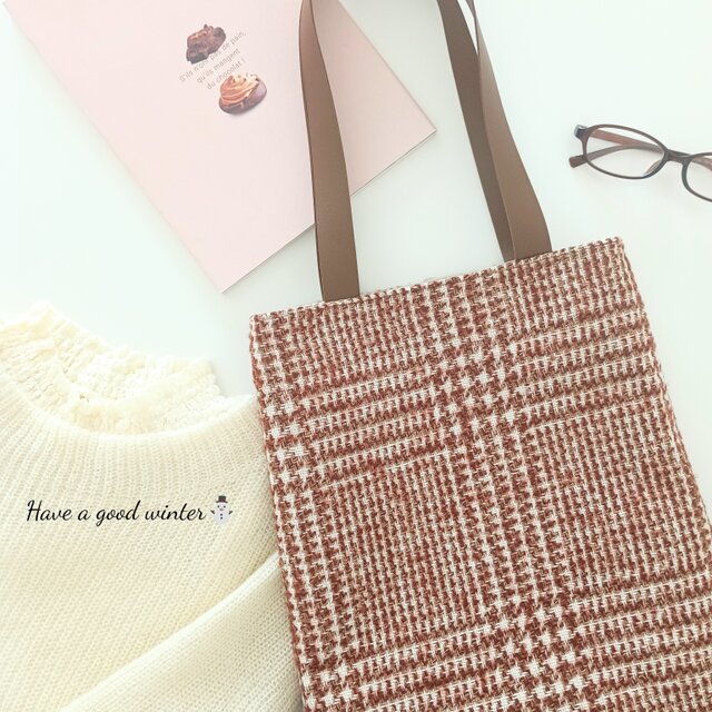 A4サイズ トートバッグ グレンチェック ツイード 冬 ウール キャメル