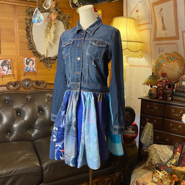 和洋折衷リメイク 浴衣 デニム ジャケット パッチワーク コラージュ