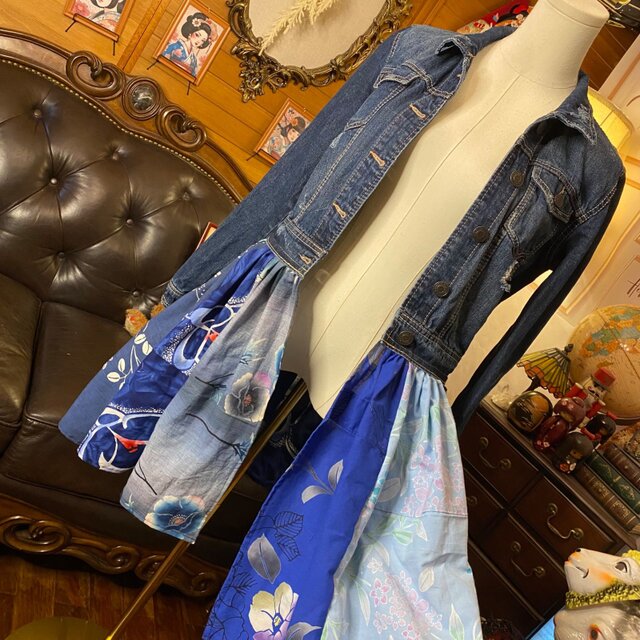 和洋折衷リメイク 浴衣 デニム ジャケット パッチワーク コラージュ