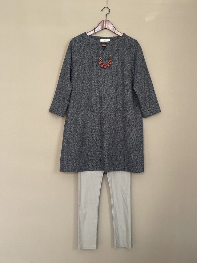 秋冬チュニックワンピース 　3つ杢ツイード　ミックスグレー