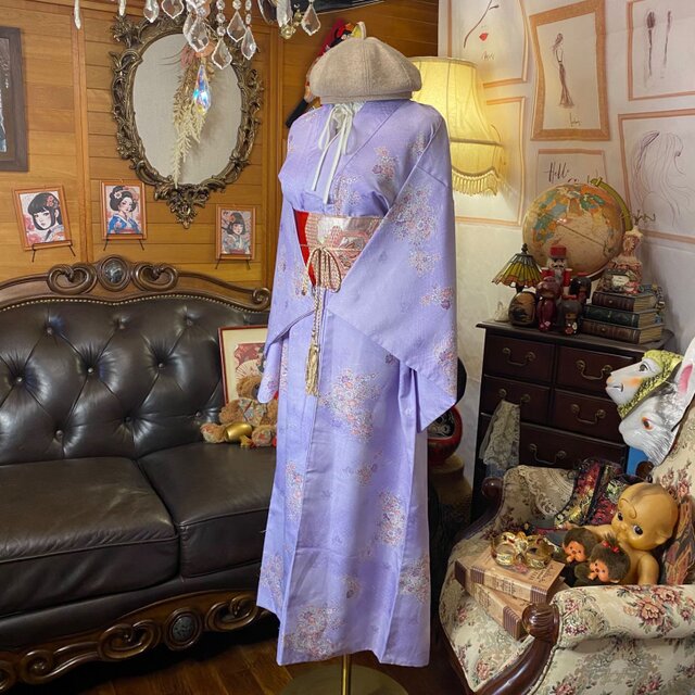 着物 リメイク ロングワンピース ドレス 洗える 化繊 名古屋帯サッシュ