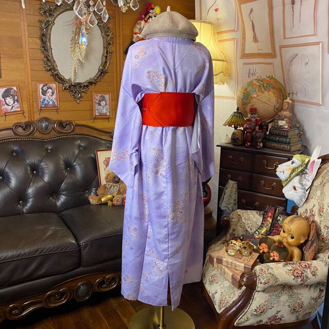 着物 リメイク ロングワンピース ドレス 洗える 化繊 名古屋帯サッシュ