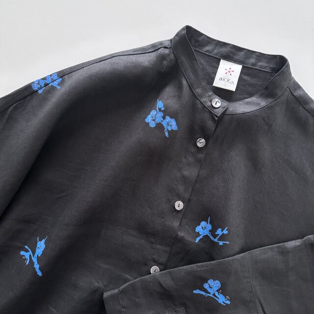 スタンドカラーシャツドレス　青梅柄