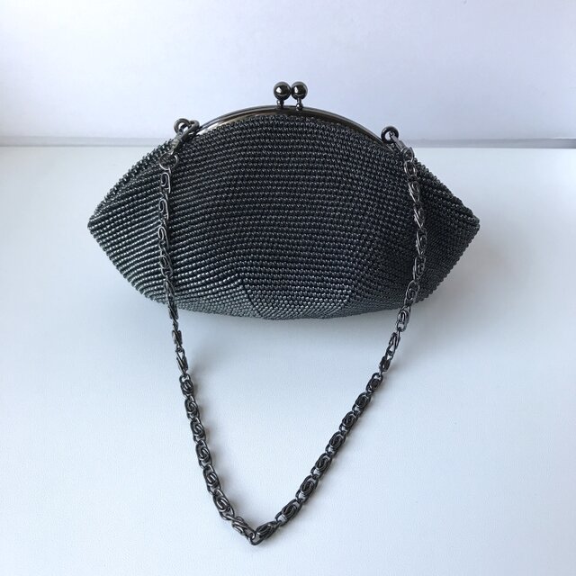 【受注制作】Beaded Pouch --Shiny Black-- (XL) w/Chain