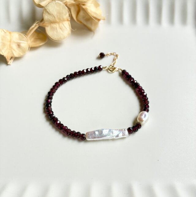 ガーネットと淡水パールのブレスレット_14kgf