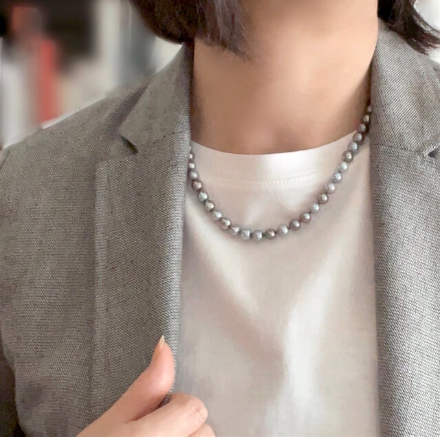 シルバーとパールのチョーカー パールネックレス 8mm チョーカー U リング留め 唐草チェーン