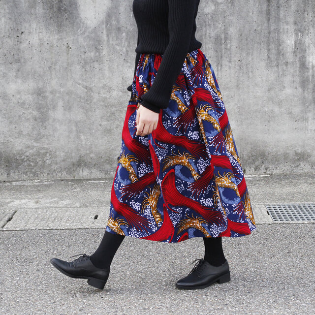 【受注制作】アフリカ布のギャザースカート（ リーフ ）アフリカンプリント アフリカンファブリック