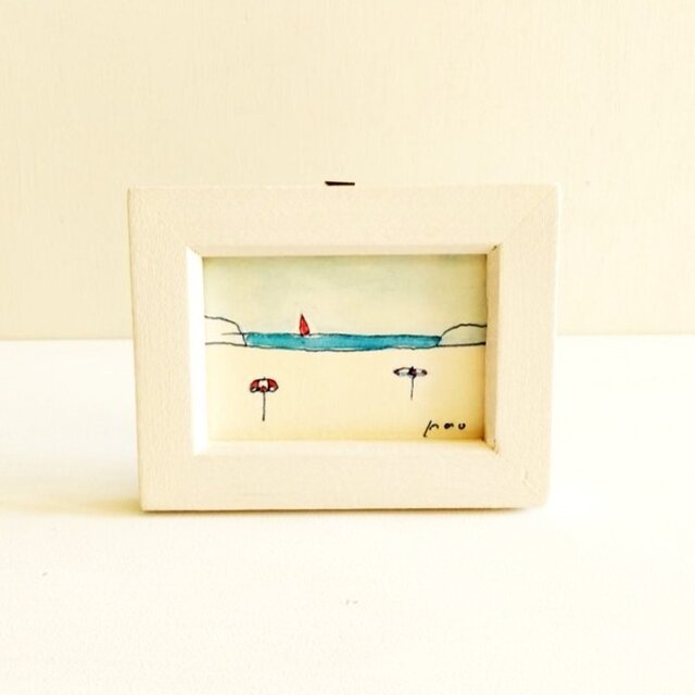 イラスト 原画 「ビーチ」※木製額縁入り　インテリアアート　海の絵　ミニ原画
