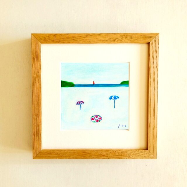 原画・水彩画】「ビーチ」 ※木製額縁入り（18㎝角）・イラスト・海・夏