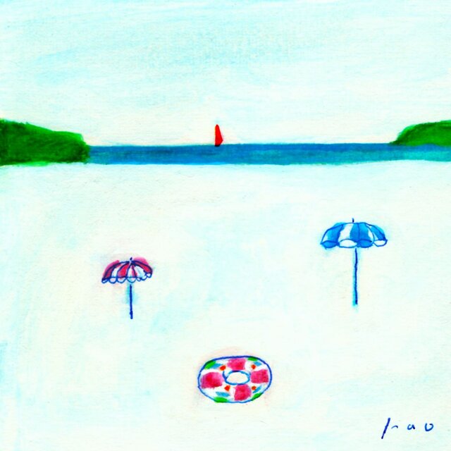 原画・水彩画】「ビーチ」 ※木製額縁入り（18㎝角）・イラスト・海・夏